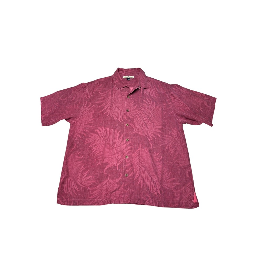 Tommy Bahama Mens Large Silk Palm Leaf Jacquard Camp Shirt Burgundy Short Sleeve
